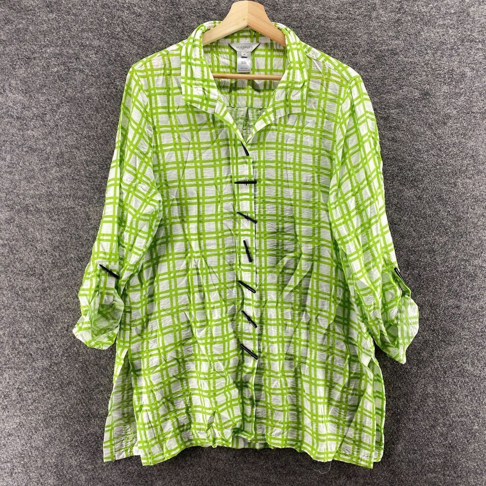 Multiples Shirt Women M Medium Green Plaid Button Up Collared Long Sleeve Rayon